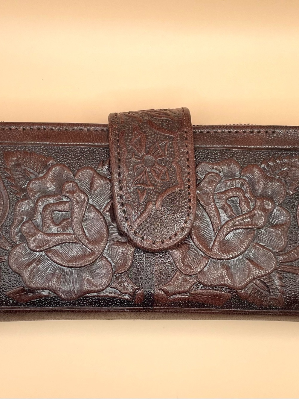 Hand-Tooled Floral Leather Wallet - Brown